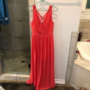 Coral vneck Maxi Dress with crochet trim.